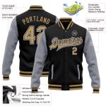 Custom Name and Number Varsity Letterman Bomber Jacket - Personalized Black Old Gold-Gray Two Tone Full-Snap Design Personalized
