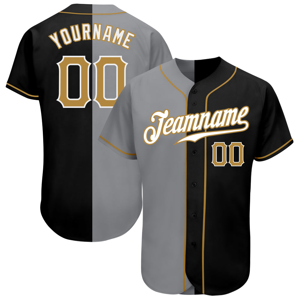 Personalized Black Gold-Gray Split Baseball Jersey for Trendy Fashion Personalized Black Old Gold-Gray Split Fashion Baseball