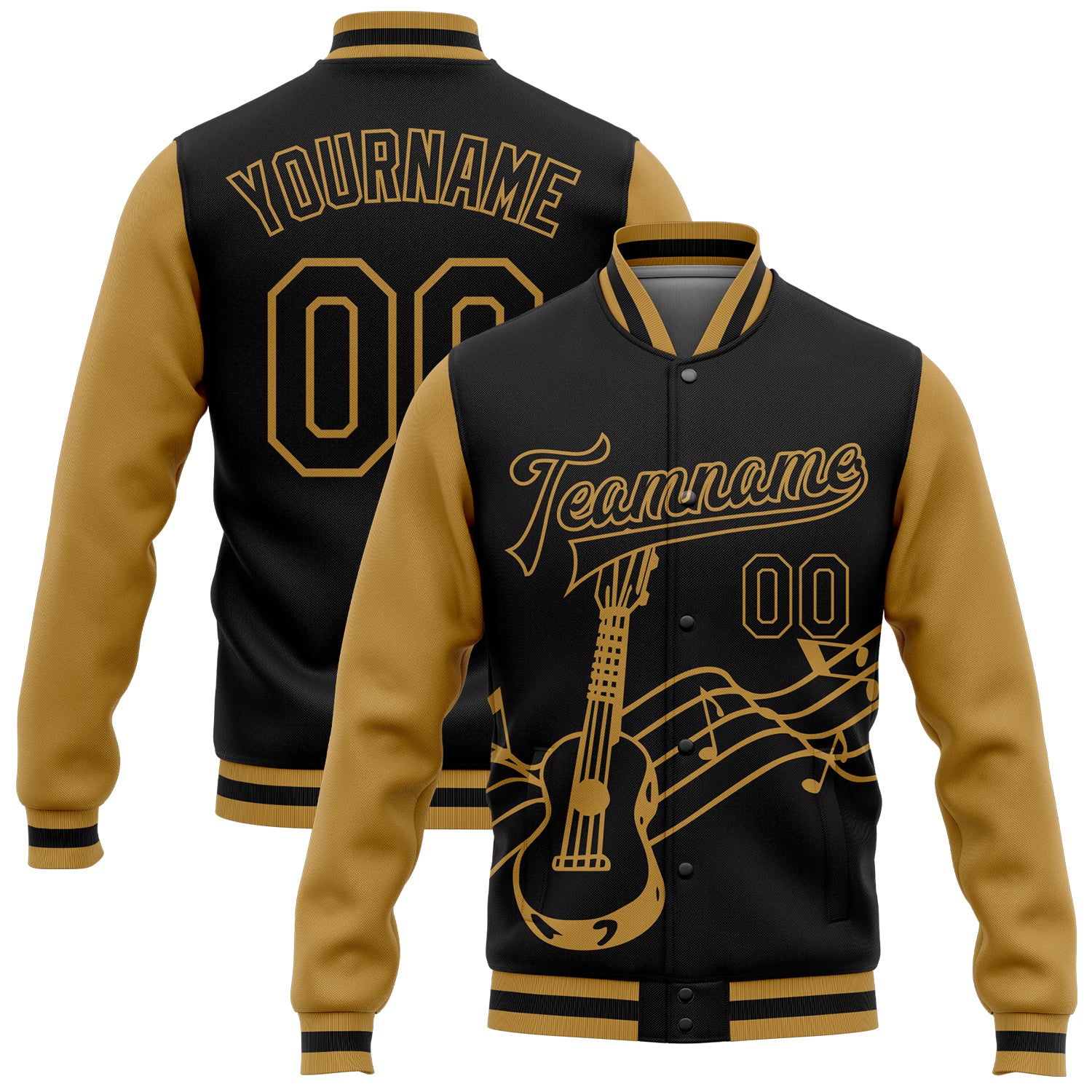 Personalized Black Old Gold Guitar Jacket for Music Festival - 3D Bomber Full-Snap Varsity Letterman Personalized Black Old