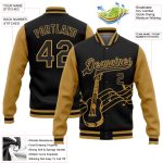 Custom Name and Number Personalized Black Old Gold 3D Music Festival Bomber Varsity Letterman Jacket Personalized Black Old