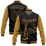 Custom Name and Number Personalized Black Old Gold 3D Music Festival Bomber Varsity Letterman Jacket Personalized Black Old