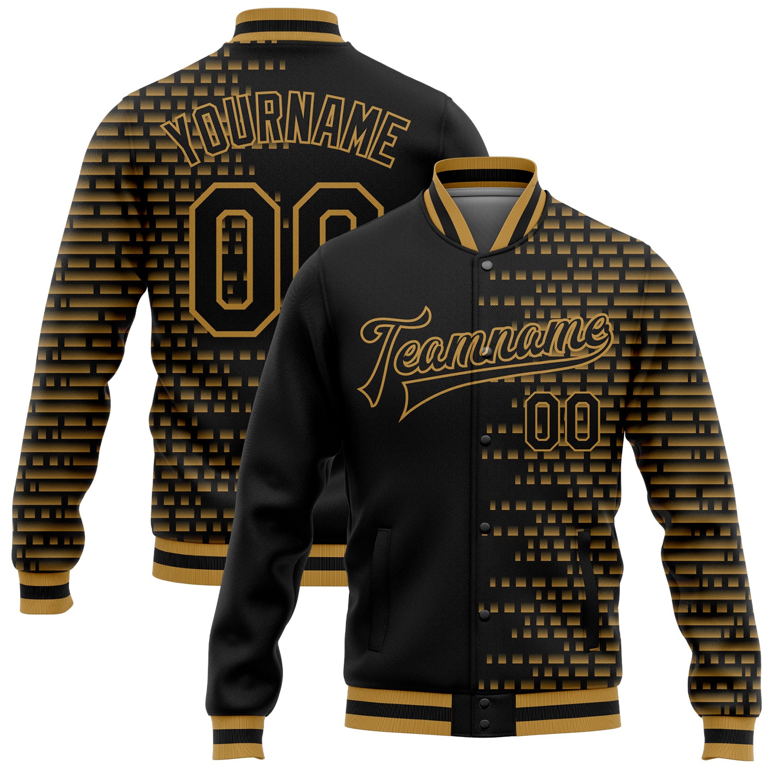 Personalized Black Old Gold 3D Varsity Letterman Bomber Jacket - Full-Snap Design Personalized Black Old Gold Halftone 3D