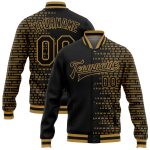 Custom Name Number Bomber Jacket Team Varsity Letterman Black Old Gold Halftone 3D Pattern Design Full-Snap Personalized