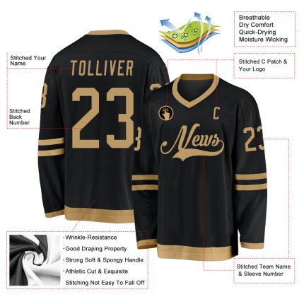 Custom Name & Number Black Old Gold Hockey Jersey - Personalized Team Apparel Personalized Black Old Gold Hockey Jersey Team