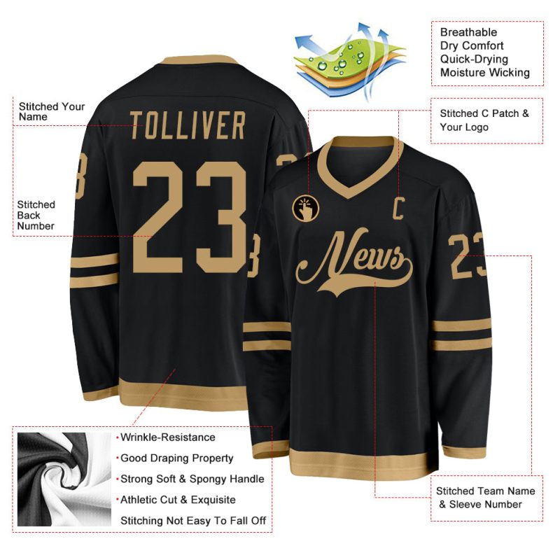 Custom Name & Number Black Old Gold Hockey Jersey - Personalized Team Apparel Personalized Black Old Gold Hockey Jersey Team