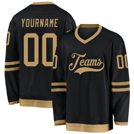 Custom Name & Number Black Old Gold Hockey Jersey - Personalized Team Apparel Personalized Black Old Gold Hockey Jersey Team