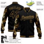 Personalized Black Gold Horse Camo 3D Bomber Full-Snap Varsity Jacket Personalized Black Old Gold Horse Camo Sleeves 3D Bomber