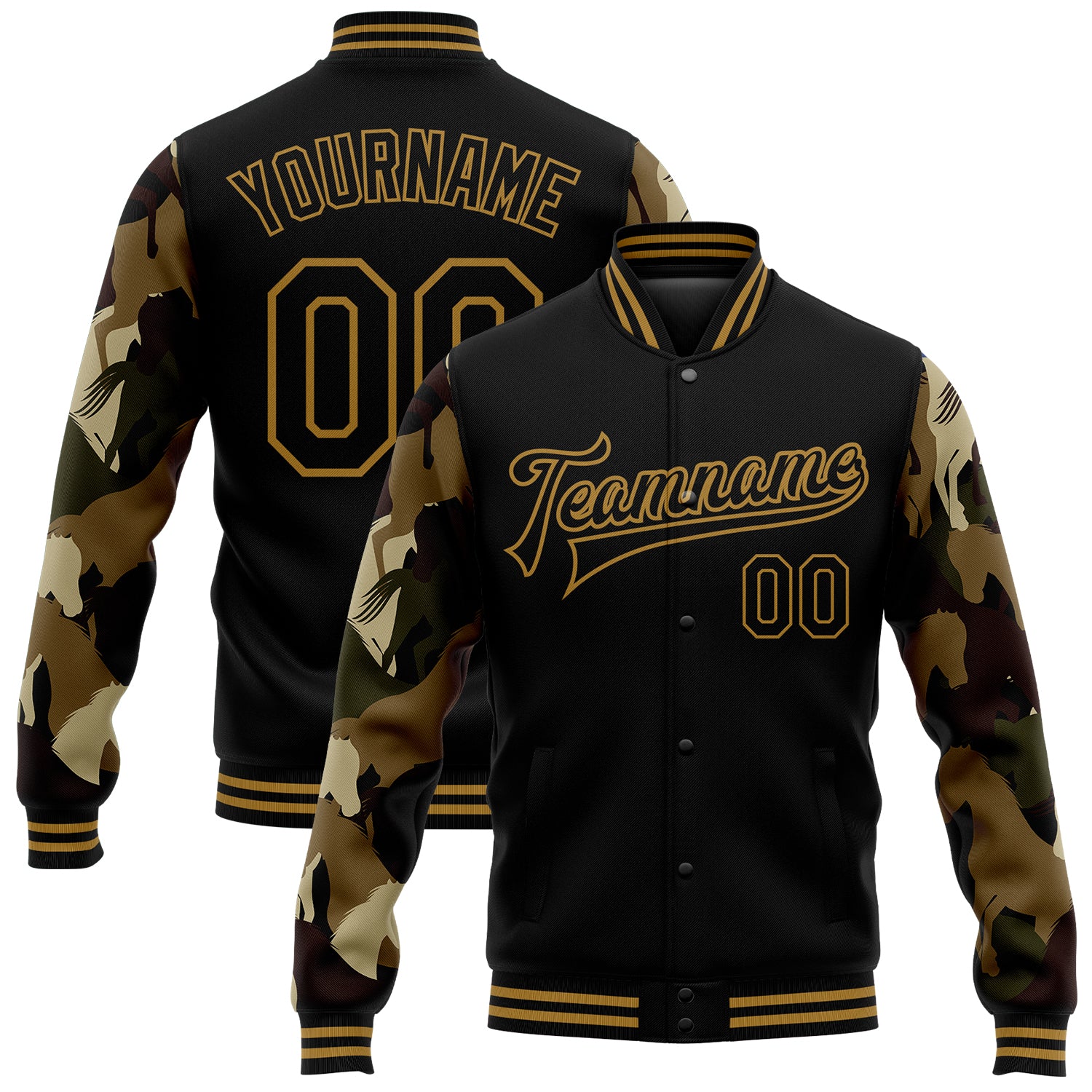 Personalized Black Gold Horse Camo 3D Bomber Full-Snap Varsity Jacket Personalized Black Old Gold Horse Camo Sleeves 3D Bomber