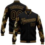 Custom Name & Number Personalized Black Gold Horse Camo 3D Pattern Bomber Full-Snap Varsity Jacket Personalized Black Old