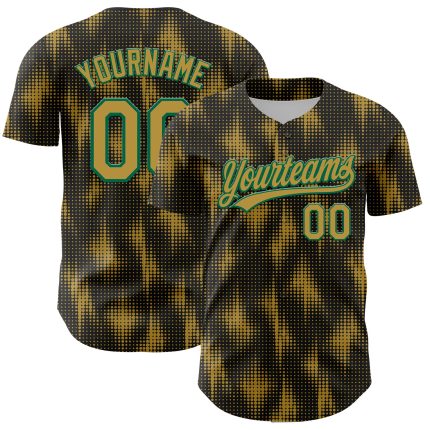 Custom Name and Number Baseball Jersey - Personalized 3D Pattern Design, Black Old Gold-Kelly Green Halftone Dots Personalized