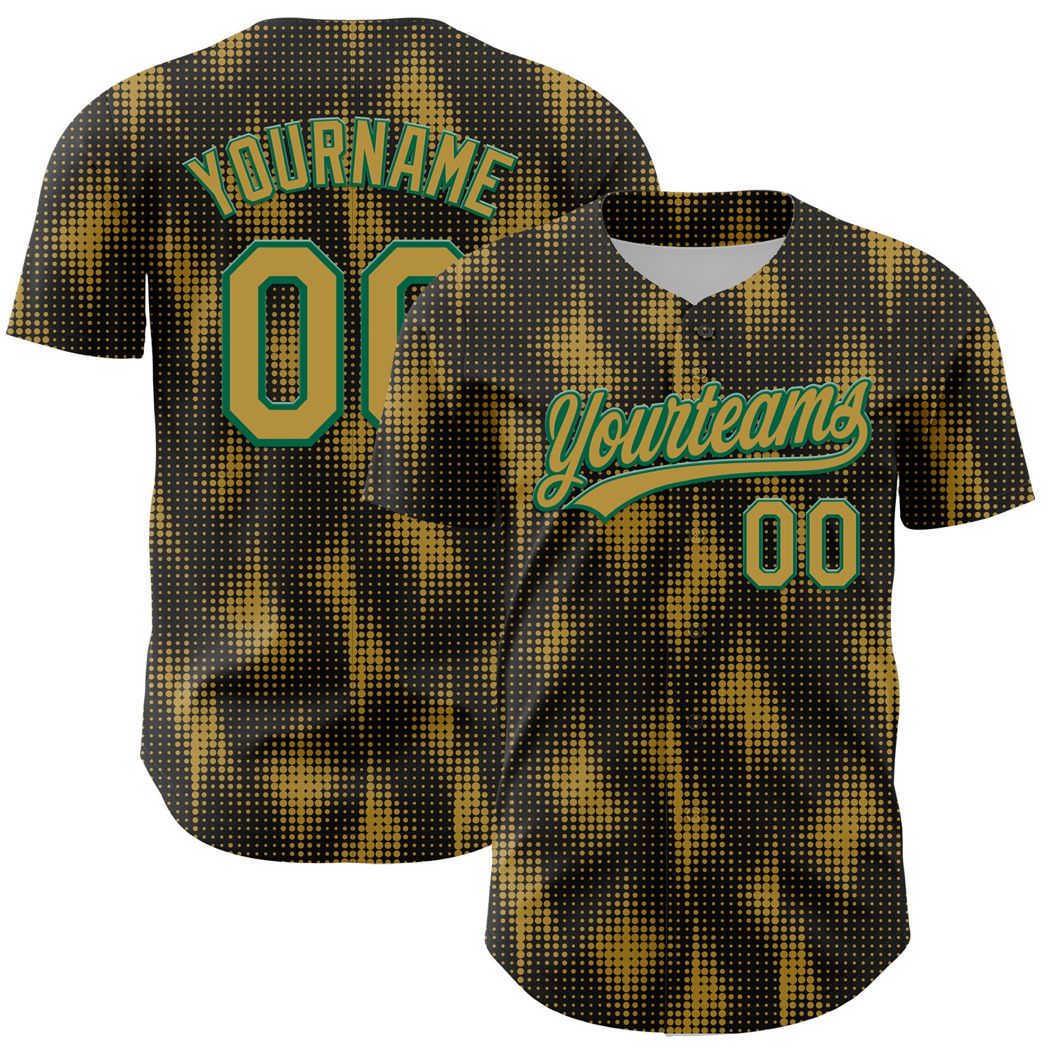 Custom Name and Number Baseball Jersey - Personalized 3D Pattern Design, Black Old Gold-Kelly Green Halftone Dots Personalized