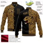 Personalized Leopard Print 3D Bomber Jacket Black Old Gold Full-Snap Varsity Letterman Personalized Black Old Gold Leopard
