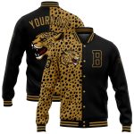 Personalized Leopard Print 3D Bomber Jacket Black Old Gold Full-Snap Varsity Letterman Personalized Black Old Gold Leopard