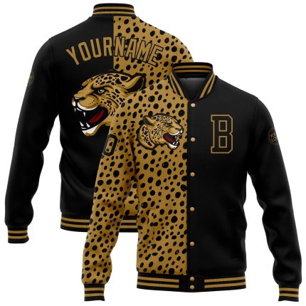 Personalized Leopard Print 3D Bomber Jacket Black Old Gold Full-Snap Varsity Letterman Personalized Black Old Gold Leopard