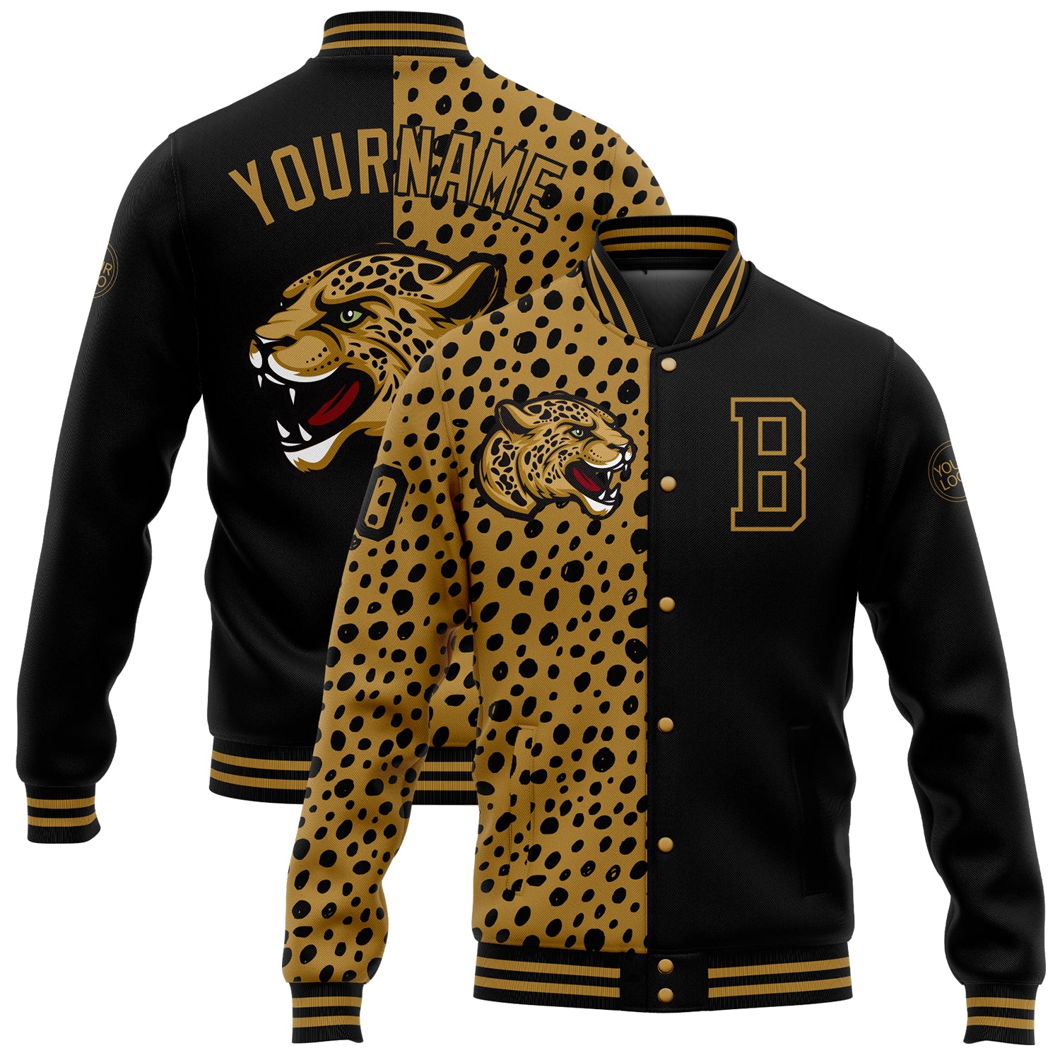 Custom Name & Number Personalized Black Gold Leopard Print 3D Bomber Varsity Letterman Jacket Personalized Black Old Gold
