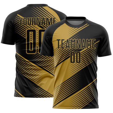 Customizable Black and Old Gold Soccer Jersey - Personalized Sublimation Uniform Personalized Black Old Gold Line Sublimation