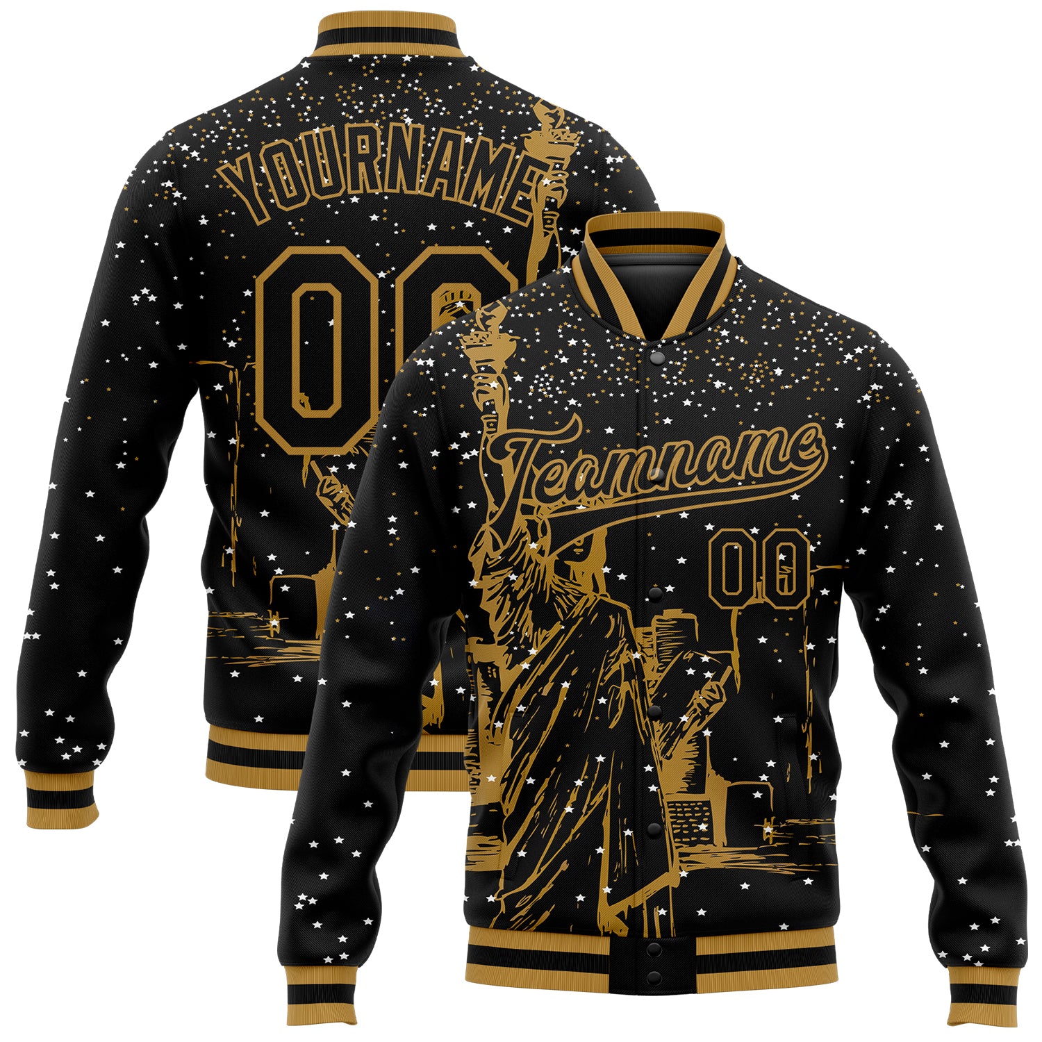 Personalized New York Statue of Liberty 3D Bomber Varsity Letterman Jacket - Black Old Gold Personalized Black Old Gold New