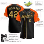 Custom Black Gold Orange Raglan Baseball Jersey for Men and Women Personalized Black Old Gold-Orange Raglan Sleeves Baseball
