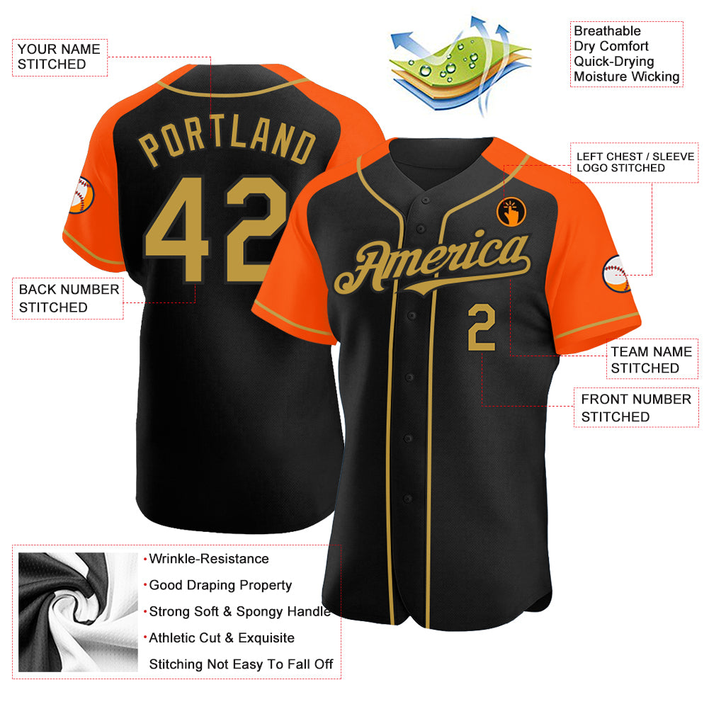 Personalized Black Old Gold-Orange Raglan Sleeves Baseball Jersey Custom Black Gold Orange Raglan Baseball Jersey for Men and Women Personalized Black Old Gold-Orange Raglan Sleeves Baseball - Image 3