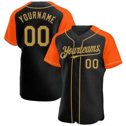 Custom Black Gold Orange Raglan Baseball Jersey for Men and Women Personalized Black Old Gold-Orange Raglan Sleeves Baseball