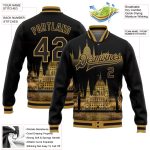 Custom Name & Number 3D Varsity Jacket for Budapest Parliament Building - Black & Old Gold Full-Snap Bomber Team Edition