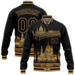 Personalized Budapest Hungary 3D Varsity Letterman Jacket - Black Old Gold Parliament Building City Edition Full-Snap Bomber
