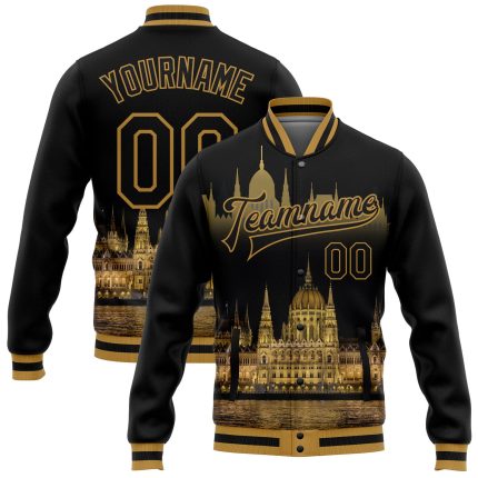 Personalized Budapest Hungary 3D Varsity Letterman Jacket - Black Old Gold Parliament Building City Edition Full-Snap Bomber