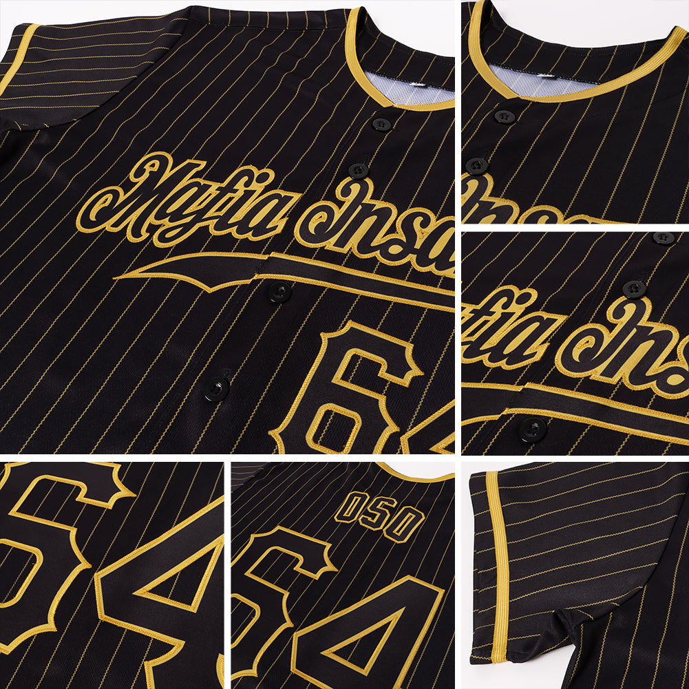 Personalized Black Old Gold Pinstripe Black Baseball Jersey Personalized Black and Old Gold Pinstripe Baseball Jersey for Men and Women Personalized Black Old Gold Pinstripe Black Baseball - Image 6