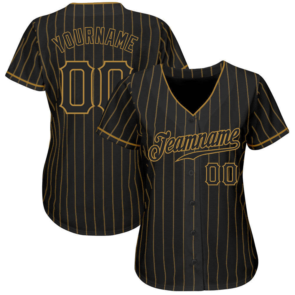 Personalized Black Old Gold Pinstripe Black Baseball Jersey Personalized Black and Old Gold Pinstripe Baseball Jersey for Men and Women Personalized Black Old Gold Pinstripe Black Baseball - Image 2