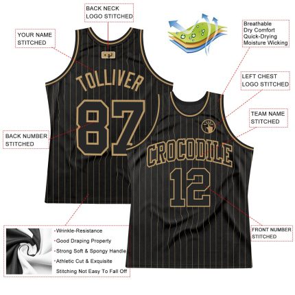 Custom Name and Number Personalized Black Gold Pinstripe Basketball Jersey - Authentic Team Wear Personalized Black Old Gold