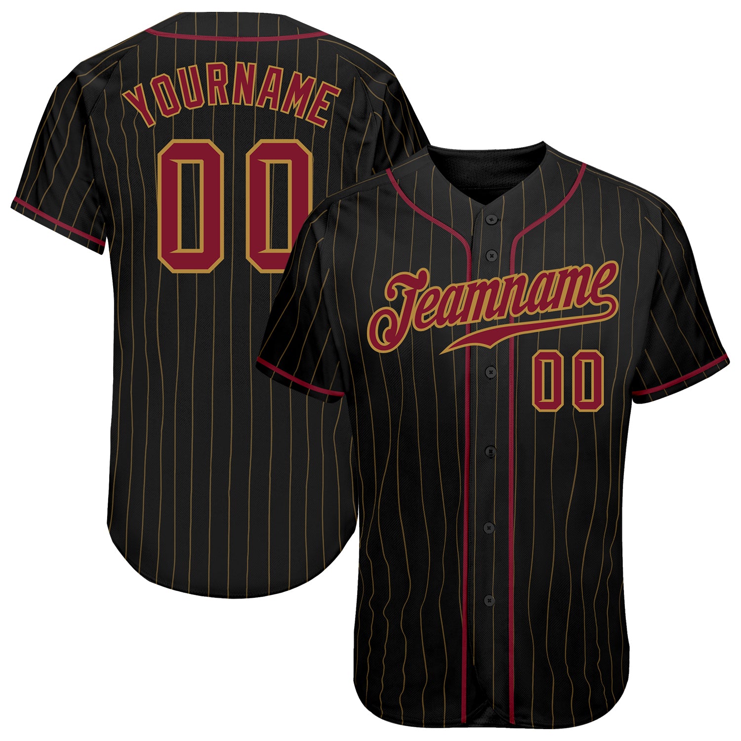 Personalized Black and Old Gold Baseball Jersey with Crimson Pinstripe Design Personalized Black Old Gold Pinstripe Crimson-Old