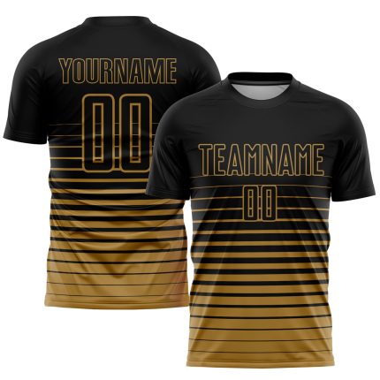 Personalized Black Old Gold Soccer Uniform Jersey with Pinstripe Fade Design Personalized Black Old Gold Pinstripe Fade Fashion