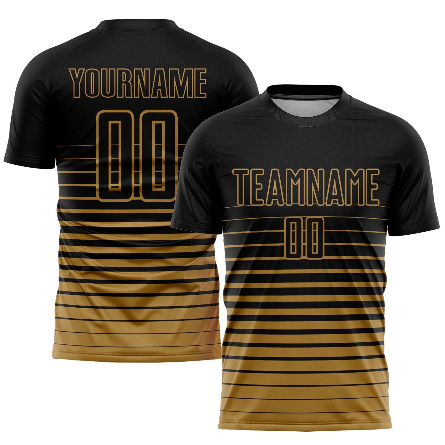 Personalized Black Old Gold Soccer Uniform Jersey with Pinstripe Fade Design Personalized Black Old Gold Pinstripe Fade Fashion
