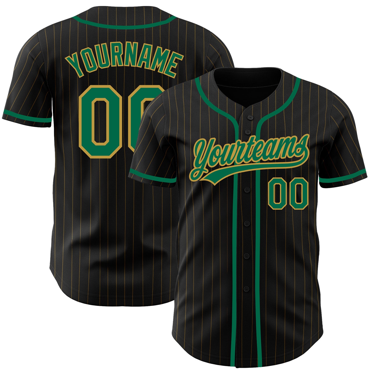 Custom Personalized Black Gold Pinstripe Kelly Green Baseball Jersey with Name and Number - Authentic Team Gear Personalized
