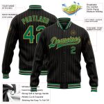 Personalized Varsity Letterman Jacket Black Old Gold Pinstripe Kelly Green-Cream Full-Snap Personalized Black Old Gold Pinstripe