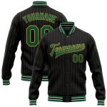 Personalized Varsity Letterman Jacket Black Old Gold Pinstripe Kelly Green-Cream Full-Snap Personalized Black Old Gold Pinstripe