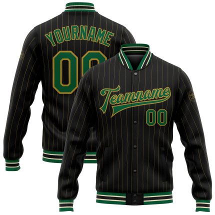 Personalized Varsity Letterman Jacket Black Old Gold Pinstripe Kelly Green-Cream Full-Snap Personalized Black Old Gold Pinstripe