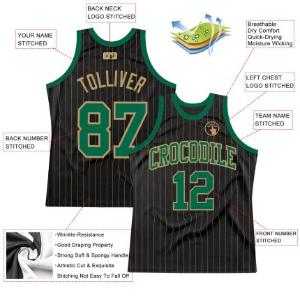 Custom Black and Gold Pinstripe Basketball Jersey with Team Name and Number - Personalized Kelly Green Authentic Jersey Personalized