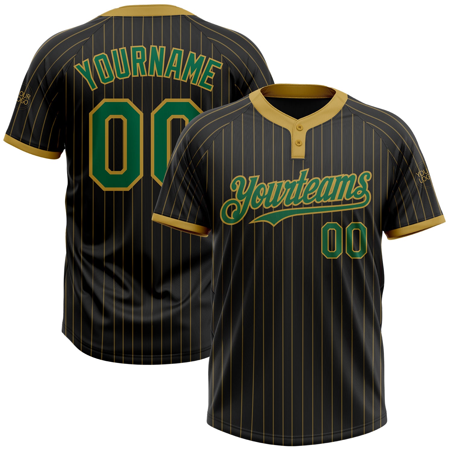 Personalized Kelly Green Two-Button Softball Jersey Unisex Black Old Gold Pinstripe Design Personalized Black Old Gold Pinstripe