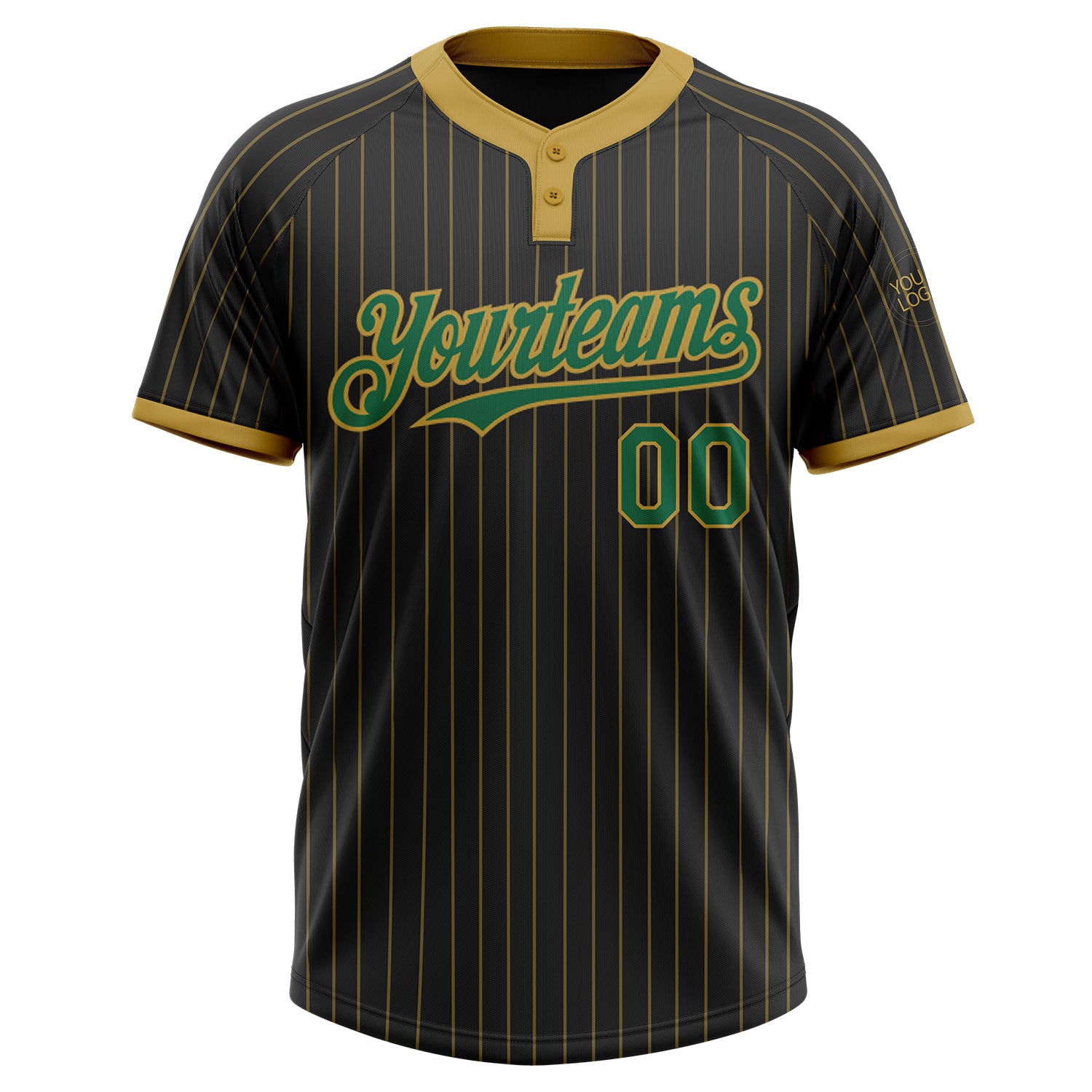 Personalized Black Old Gold Pinstripe Kelly Green Two-Button Unisex Softball Jersey Personalized Kelly Green Two-Button Softball Jersey Unisex Black Old Gold Pinstripe Design Personalized Black Old Gold Pinstripe - Image 2