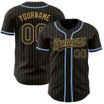 Personalized Light Blue Black Old Gold Pinstripe Baseball Jersey Personalized Black Old Gold Pinstripe Light Blue Baseball