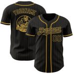 Customizable Black and Old Gold Pinstripe Baseball Jersey with Personalized Name and Number Personalized Black Old Gold Pinstripe