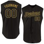 Custom Name and Number Personalized Black and Old Gold Pinstripe Sleeveless Baseball Jersey Personalized Black Old Gold Pinstripe