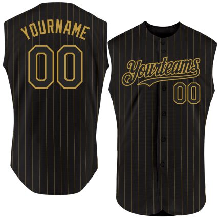 Custom Name and Number Personalized Black and Old Gold Pinstripe Sleeveless Baseball Jersey Personalized Black Old Gold Pinstripe
