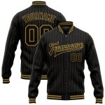 Personalized Black and Gold Pinstripe Varsity Letterman Bomber Jacket Full-Snap Personalized Black Old Gold Pinstripe Old