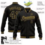Personalized Black and Gold Pinstripe Varsity Letterman Bomber Jacket Full-Snap Personalized Black Old Gold Pinstripe Old