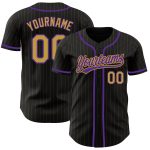 Customizable Black and Old Gold Pinstripe Baseball Jersey with Team Name and Number - Authentic Design Personalized Black