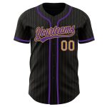 Customizable Black and Old Gold Pinstripe Baseball Jersey with Team Name and Number - Authentic Design Personalized Black