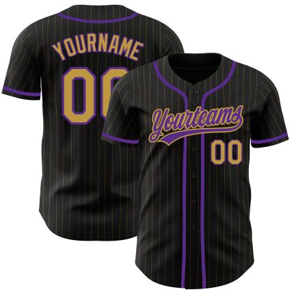 Personalized Black Gold Pinstripe Baseball Jersey - Old Gold Purple Design Personalized Black Old Gold Pinstripe Old Gold-Purple