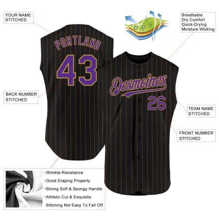 Custom Purple Black Old Gold Pinstripe Baseball Jersey - Personalized Name & Number, Sleeveless Team Apparel Personalized